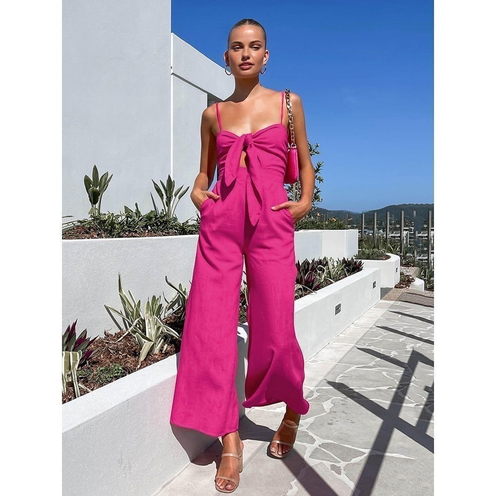 Commense Pink‎ Tie-Front Jumpsuit Wide Leg Sleeveless Casual Cotton Twist XS - Picture 2 of 4
